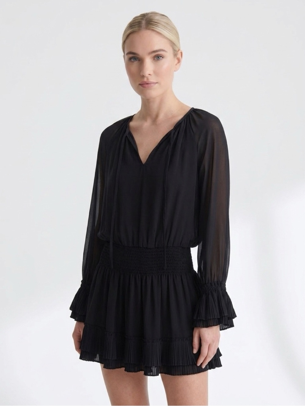 Ramy Brook Black Pleated Ruffle Mini Dress Size Small | Smocked Waist size small